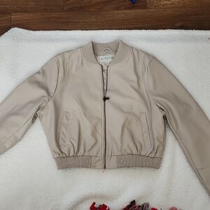 B COATURE Vegan Faux Leather Bomber Jacket | Tan Beige | Size Large